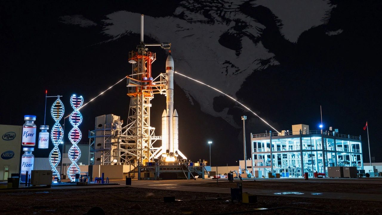 Три ключевых индустриальных центра США: SpaceX, Pfizer и Intel, соединённые сетью поставок, символизирующие технологическое лидерство.