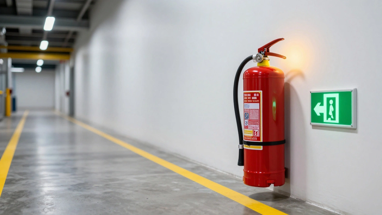 Чистый коридор завода с огнетушителем и светящимся знаком выхода