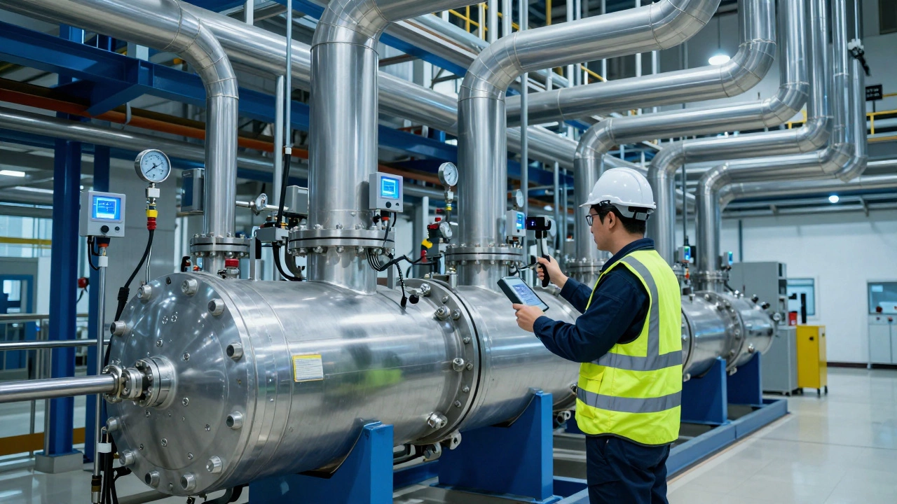 Инженер проверяет целостность промышленных труб с помощью ультразвукового дефектоскопа