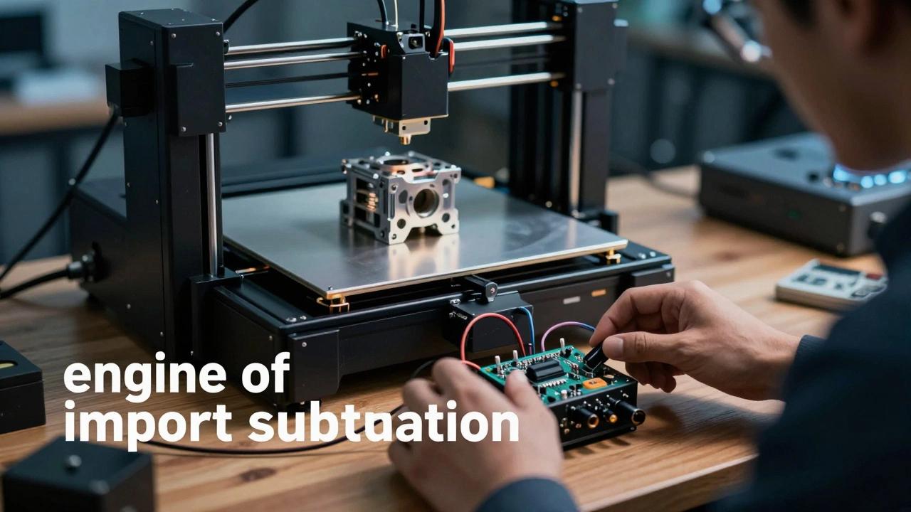 Инженер собирает электронный контроллер рядом с промышленным 3D-принтером