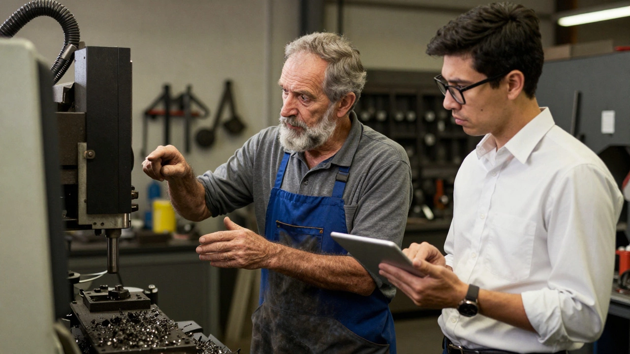 Пожилой мастер и молодой инженер у станка в промышленном цеху