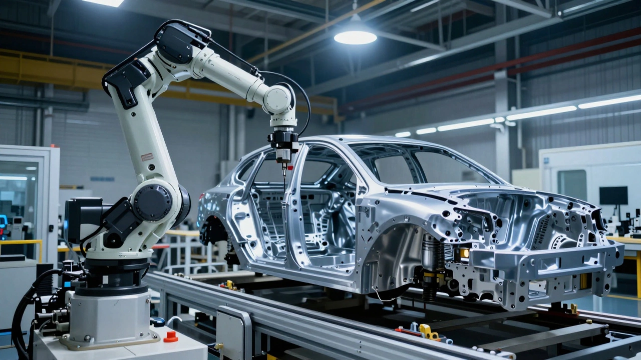 Робот-манипулятор устанавливает легкий кузов автомобиля на конвейере завода