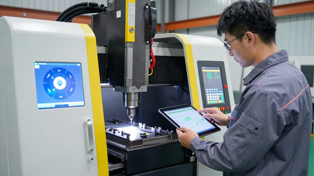 Техник контролирует процесс обработки детали на современном станке с ЧПУ