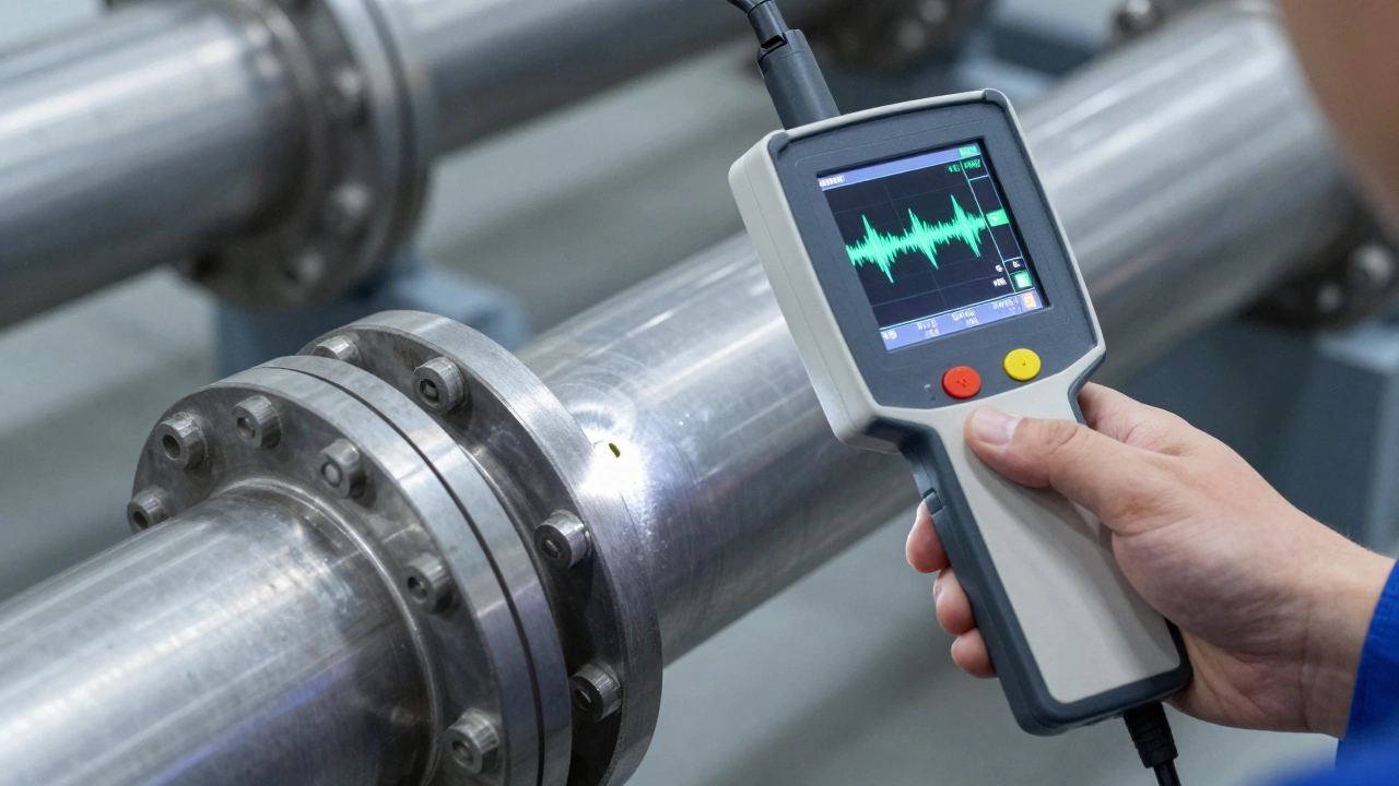 Техник проверяет стальную трубу с помощью ультразвукового дефектоскопа для поиска трещин