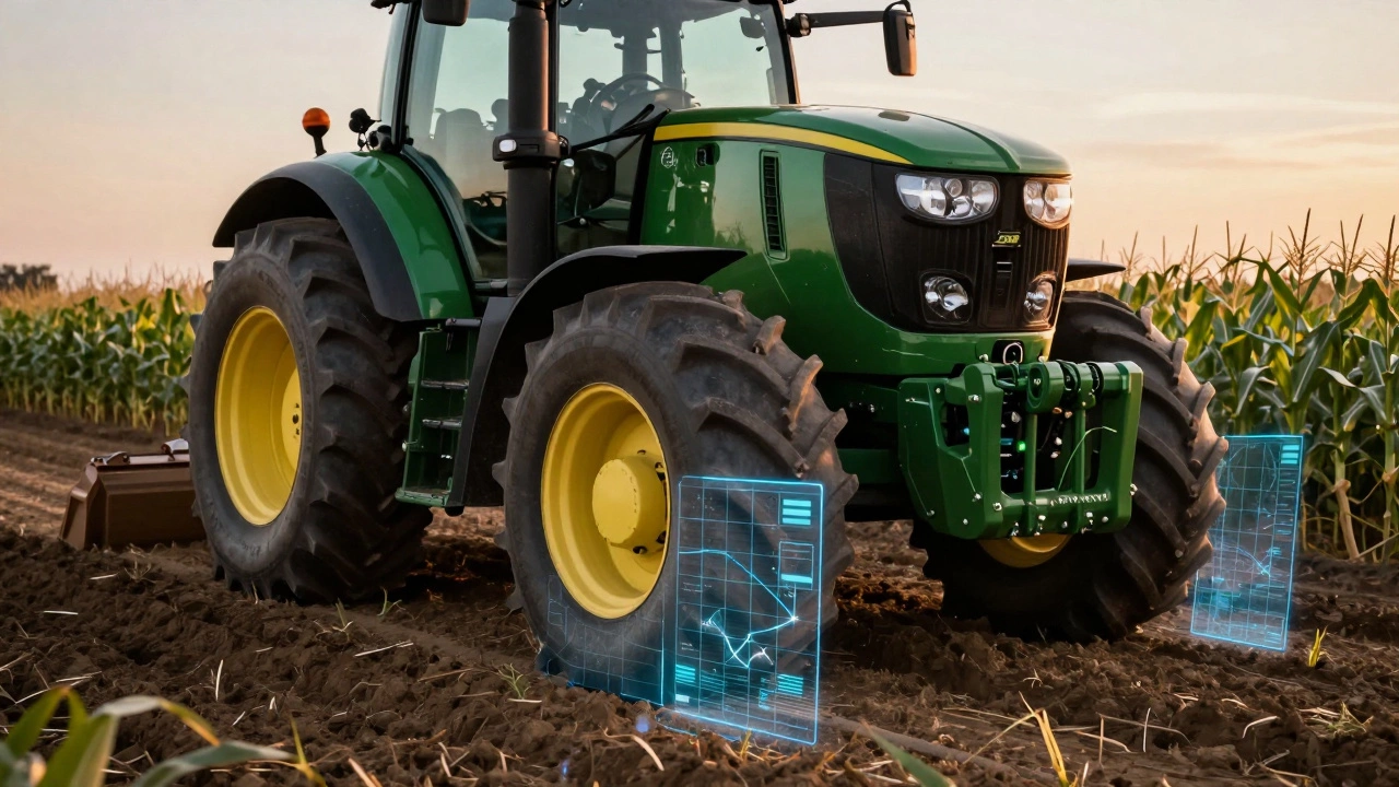 Умный трактор с цифровым интерфейсом GPS в поле на закате