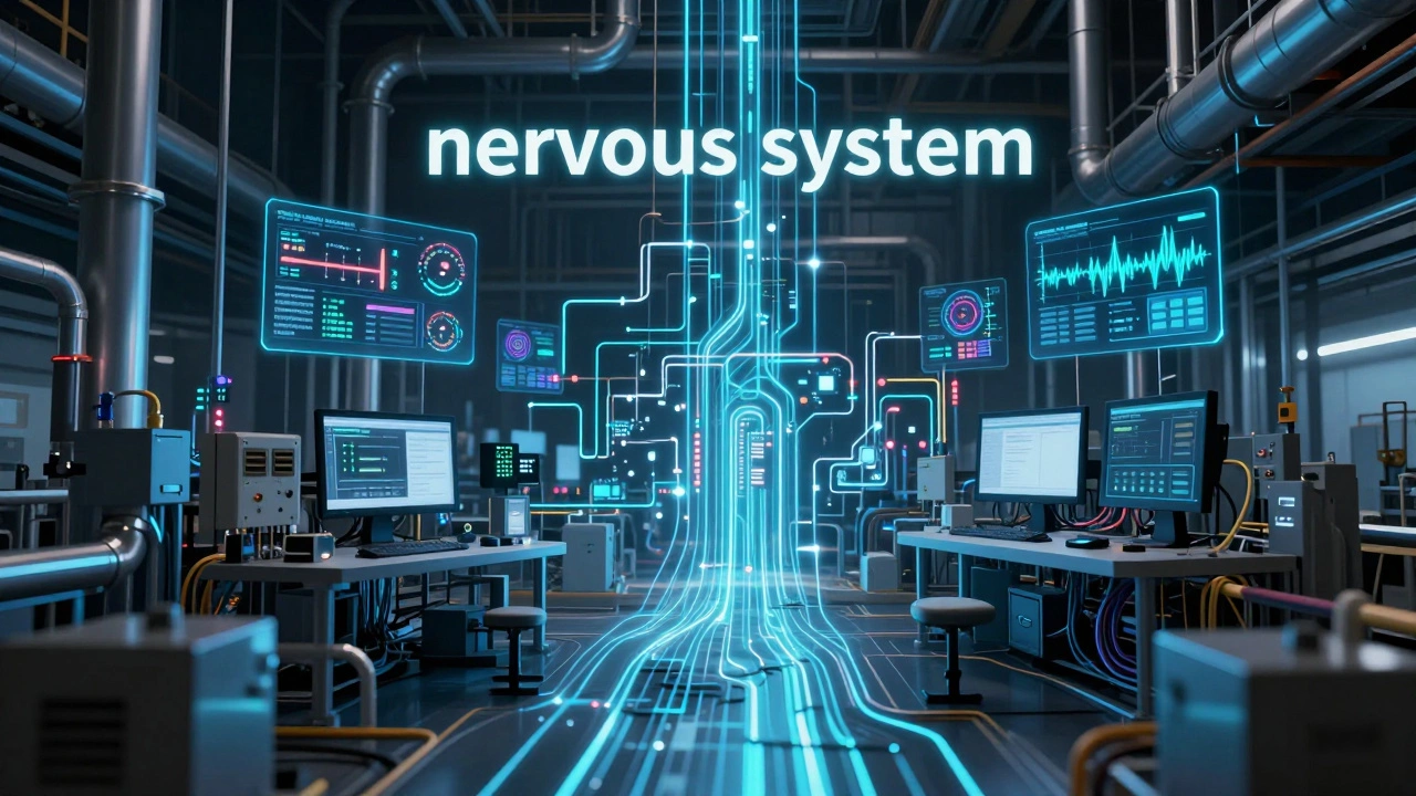 Синие потоки данных символизируют управление заводом через системы SCADA и ПЛК