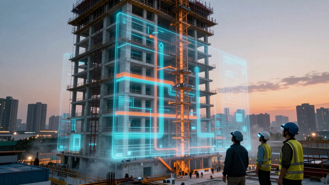 Строительная площадка с голографической BIM-моделью здания